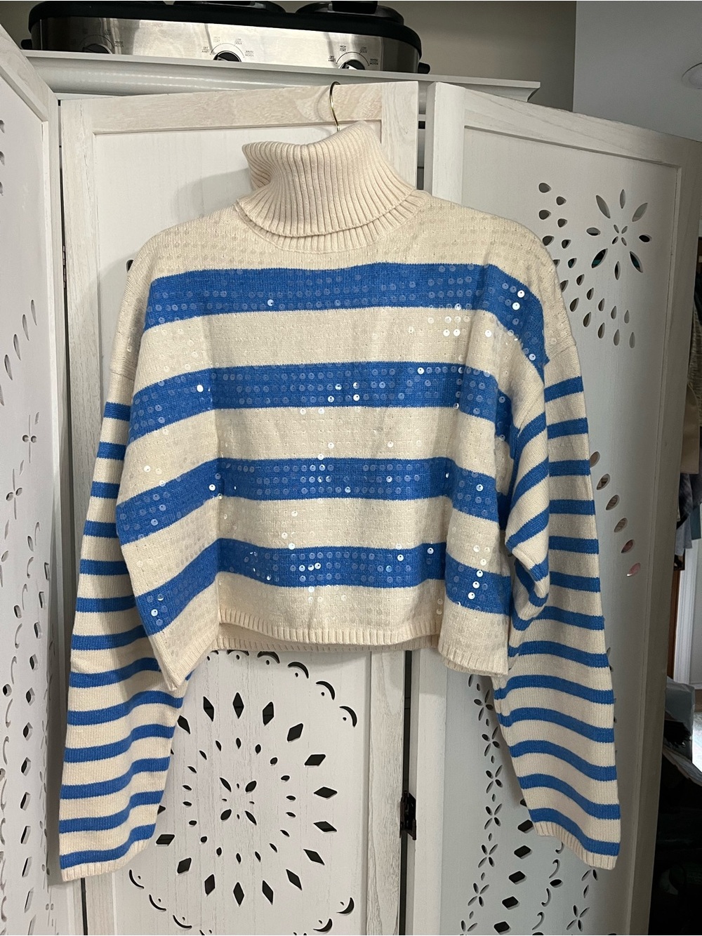 Cream & Blue Striped Turtleneck Sweater with Clear Sequins